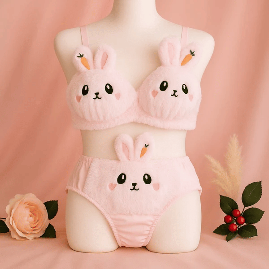 Cartoon bra set - Cute Anime Soft Plush Design bra underwear set imported