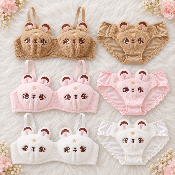 Bunny style bra set - bear  bra and underwear set imported             Colour: pink, white, brown