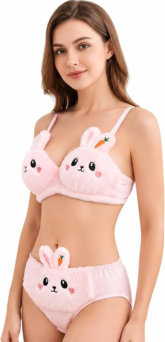 Cartoon bra set - Cute Anime Soft Plush Design bra underwear set imported