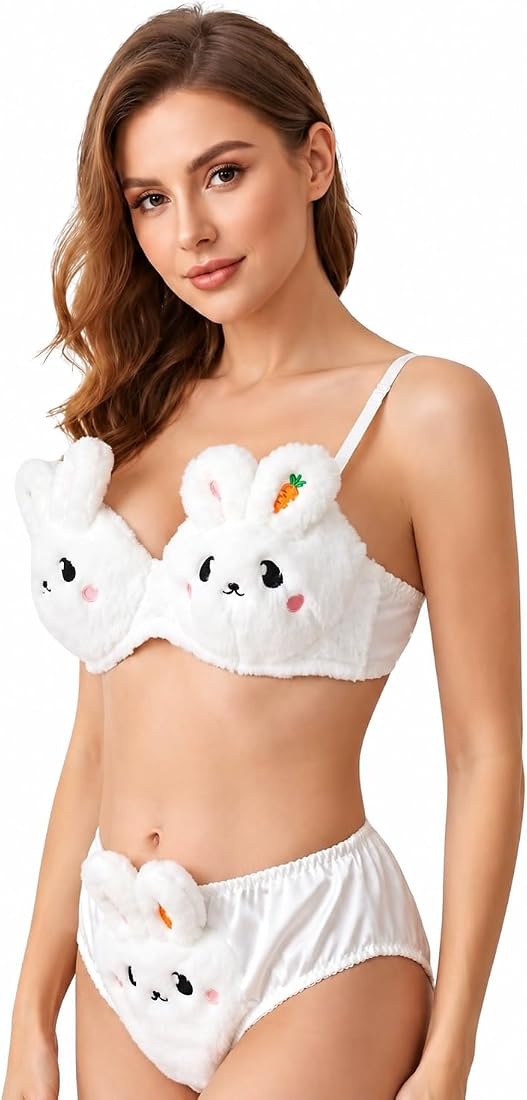 Cartoon bra set - Cute Anime Soft Plush Design bra underwear set imported